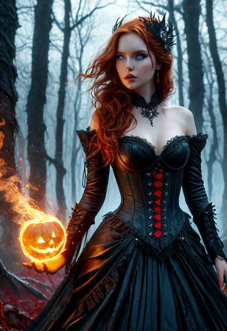 High resolution ultra-realistic of Beautiful Dark Fire Witch, Intricately designed gothic black dress with corset, (standing on a bloody and stormy dark forest in epic bloody Halloween: 1.5), fighting pose, wavy red hair, nice dirty pale face, dark fantasy, fireball, oily skin, full body, firm athletic body and figure, beautiful blue eyes, 8k, ultra realistic, hyper realistic, highly detailed, curves, Beautiful Sadie Sink as Dark Fire Witch, beautiful perfect close-up pupils, daylight, high contrast, colorful polychromatic, beautiful firm Breasts, defiant and seductive, wet oily shiny skin, ultra detailed, (Intricately Designed dirty face: 1.3), Cinematic clorful lighting, realistic body and face, Photograph Taken on Nikon D750, Intricate, Elegant, Digital Illustration, Scenic, Hyper-Realistic, Unreal Engine, CryEngine, Octane Render, Artgerm, WLOP, Greg Rutkowski, 8k ultra high resolution concept art, hyper-defined, sharp focus, echoing, (hyperdetailed body and face: 1.3), Atrractive, Atrractive 21 years old woman, attractive bust girl, asymmetric balance