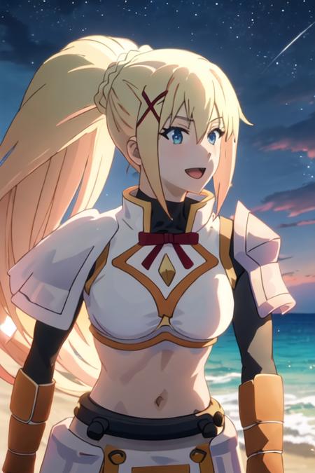 best quality, masterpiece, highres, solo, {night:1.10}, {starry sky:1.10}, beach, beautiful detailed sky, {extremely detailed background:1.20}, {lalatina_dustiness_ford_konosuba:1.15}, {standing:1.10}, looking at viewer, {bikini:1.30}, blonde_hair, long_hair, hair_ornament, x_hair_ornament, ponytail, blue_eyes, parody, open_mouth, light smile