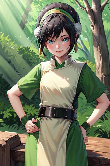 masterpiece, best quality, highres, <lora:toph_beifong_v1:0.75>, 1girl, solo, black hair, hairband, belt, short hair, dress, blue eyes, hair bun, green hairband, blind, chinese clothes, hair bun, green dress, short sleeves, pelvic curtain, cowboy shot, hand on hip, forest, smile,