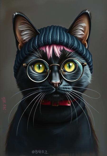 oil painting of a  black cat with pink hair wearing a black beanie and (wearing round glasses:1.2) and wearing a black turtleneck. visible brushstrokes, atmospheric haze, low key, moody lighting,watercolors,DB4RZ, DB4RZ style painting