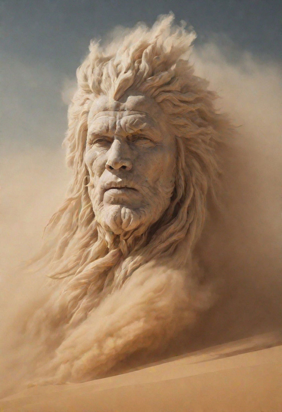 A sand sculpture of a man with long hair and a beard, looking serious.