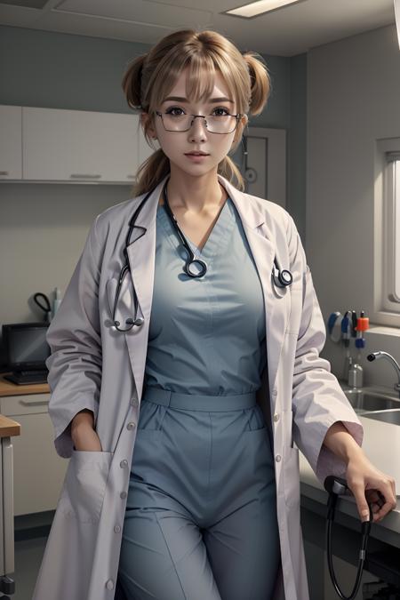(RAW photo, best quality), operating room, overhead surgical light,blurred background, focused, dithering,backlighting,
<lora:Kimune Honda:0.35> kimune honda, 3dcg_14, 1girl, blush, bangs, blonde_hair, low twintails, parted bangs, large breasts, grey_eyes, glasses, twintails,
 <lora:Doctor Uniform V2:0.8> (doctor_uniform, labcoat, stethoscope, doctor),