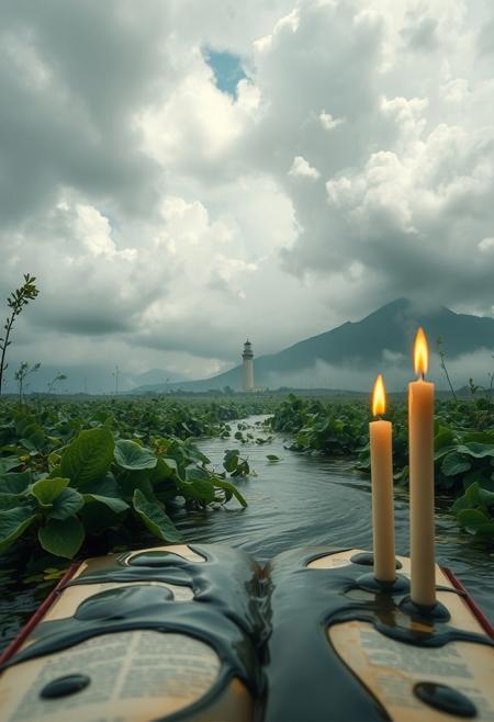 vast lush swampy landscape, lighthouse in the distance, The subject nimbus clouds portal gateway opening in the forground over a book if magic and waxy dripping candles, a lush swampy swamp,  macro of oil and water not mixing is a swirling mass of floating ink that appears as an  at an aperture of f/1.4. The image is artistic and surreal, blending realism with abstraction, capturing movement and energy through its dynamic motion and flowing forms. Abstract shapes, hyperrealistic nature photography of a lush submerged swamp forest medium format kodak gold, eldritch magic, wideangle shot of a forest grove, mountains in the background