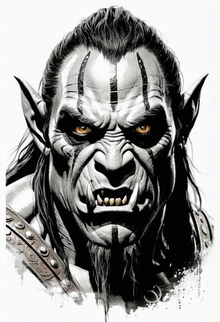 Lord of the Rings Uruk-Hai orc,  grunge engraving, simple shadows, black and White, neutral white background, engraving style, ink sketch style