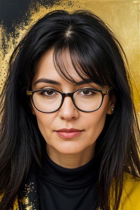 Oil painting style art abstract impressionism painting with rough brush strokes, masterpiece, best quality, a long black haired, 50yo woman ral-lnrnwyr,glasses, a gold T-shirt, minimalist background with vibrant color splashes, looking at viewer, intricate details, solo, upper body, 3d render, cinematic lighting, detailed, volumetric, made of ral-lnrnwyr <lora:ral-lnrnwyr-sdxl:1>
masterpiece, epiCRealism, realbodiez