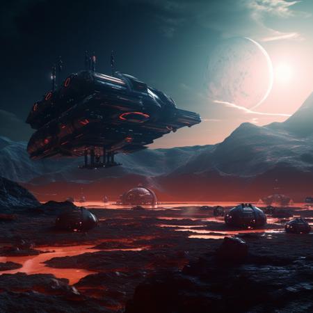 science fiction war between two cities on mars spaceship high-tech night prospect moonlight reflection sacred landscape bright fhd 4k high-resolution realistic surrealistic super wide angle shot canon 5d v-ray quixel megascans render sintane render