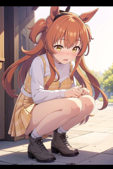 ultra-detailed, high resolution, extremely detailed cg, anime picture,(masterpiece, best quality:1.4), illustration ,1girl, mayacas, (embarrassed), orange hair, horse ears, yellow vest, medium breasts, long sleeves, yellow skirt, socks, panties, squatting, 
 <lora:1660462226233910119:0.6>  <lora:deresute-v1.2:0.1>