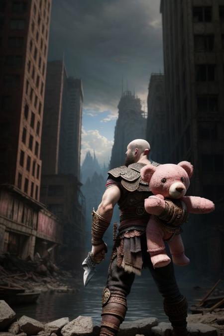 god of war, standing, hugging a pink teddy bear, against the backdrop of the (ruined city:1.1)
unreal engine
style of Artgerm
finely detail, ultra-detailed, highres