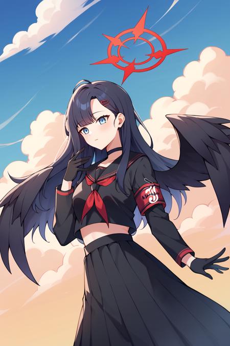 ichikadef, hairclip, halo, black serafuku, black sailor collar, red neckerchief, black shirt, black skirt, black gloves, black choker, armband, long sleeves, black wings