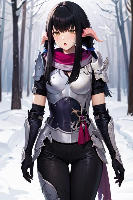 masterpiece, best quality, highres, aayugiri, long hair, black hair, blunt bangs, horns, scales, purple scarf, shoulder armor, japanese armor, gloves, pants, <lora:yugiri_mistwalker_v1:0.7>, snow, walking, forest, cowboy shot, :o,