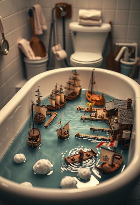 portrait, masterpiece, 4k, ray tracing, intricate details, highly-detailed, hyper-realistic, 8k RAW Editorial Photo.
A realistic, zoomed-out photo of a Caribbean pirate harbor scene, but instead of being set in a real, expansive environment, the entire harbor is situated in a bathtub, giving the impression of a detailed miniature model. The harbor is complete with tiny ships, docks, pirates, shacks, all scaled down to fit within the confines of the bathtub. The water in the tub mimics the appearance of a calm sea, with gentle ripples around the miniature boats. The white porcelain of the bathtub contrasts with the intricate, realistic details of the harbor. Surrounding the bathtub are everyday bathroom items, subtly visible in the background, reinforcing the surreal setting of this miniature world.  There are floating sponges that take on the appearance of islands. 
cinematic light, dramatic light, shallow depth of field,  high budget, bokeh, cinemascope, film grain,