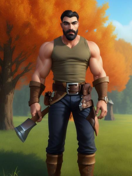 <lora:Warcraft3_peasant:0.7> solo, looking at viewer, short hair, black hair, 1boy, holding, weapon, male focus, boots, outdoors, sky, day, belt, pants, armor, tree, blue sky, muscular, feet out of frame, facial hair, thick eyebrows, grass, muscular male, bara, beard, walking, mature male, fence, mustache, axe, manly, house, realistic, 8k, ultra hd, beautiful, professional, highres, absurdres, award winning, photorealistic, ultra highres, sharp focus, best quality, extremely detailed, masterpiece, hyper-detailed, photographic, perfect detailed hands, perfect face, perfect body, perfect eyes, perfect lips, perfect nose, perfect hands, perfect fingers