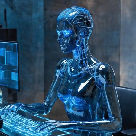score_9, score_8_up, score_7_up, score_6_up,3d,  <lora:sdxl_glass:1>,  ((glasssculpture)), ((Glass (android:woman:0.7))), blue fog, glass hair, shiny metal cables, (see-through:1.5), blue , glowing blue, etheral eyes, pretty, in a cyberpunk office, typing on glass keyboard,