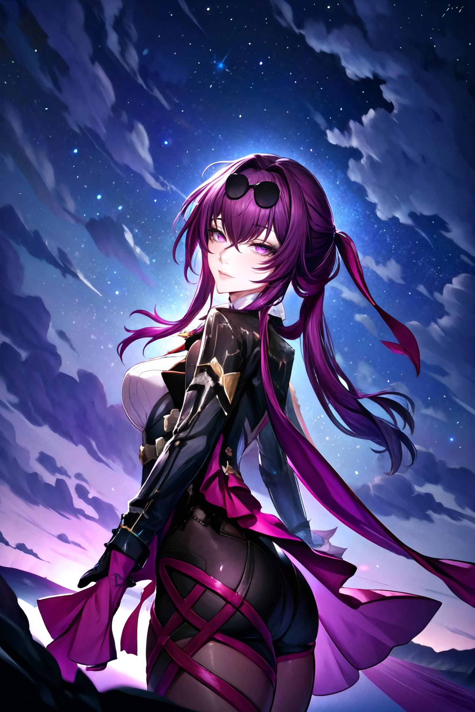 Anime girl in black dress and purple hair.