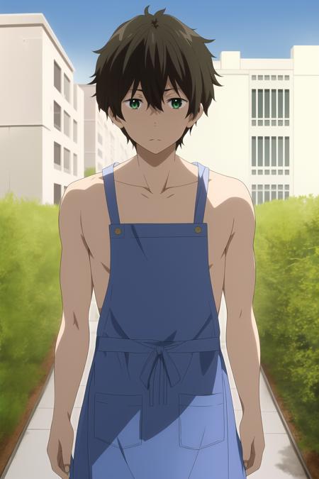 oreki houtarou, 1boy, male focus, solo, brown hair, green eyes, looking at viewer, outdoors, naked apron