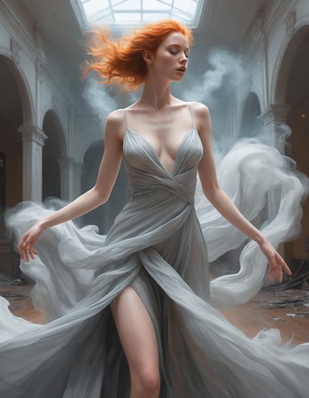 body shot of a ginger, 20 years old showing lots of skin, (highly detailed masterpiece Realistic extremely hyper aesthetic) Digital Watercolor Style, Ethereal fluidity painting art style of uses fluid and flowing brushstrokes, creates a sense of movement and lightness, dynamic and abstract composition, professional-grade execution, captures the beauty of fluid dynamics, evokes a sense of calm and serenity, The Cinderveil envisioned in a Fashion illustration style, where ghostly nobles dressed in gowns of ashen silk waltz through an abandoned ballroom, their faces obscured by masks carved from obsidian. Their garments trail into smoke-like tendrils, dissolving at the edges as if caught between worlds. The high-contrast, elegant linework and sweeping forms lend the scene a spectral grandeur, where beauty and transience exist in perfect tension.
