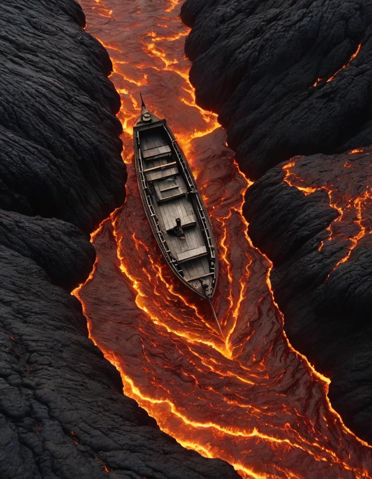 A boat floating on a river of fire, also known as a lava river, in a volcano.