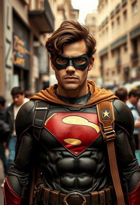Candid street photography of a superhero in natural earth tones, urban scenes, spontaneous candid moments, browns and beiges, muted colors, comic art style, realistic textures.