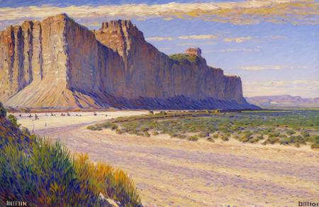 Cliff/Bluff, (impressionism:1.1), salt flat, (bob layzell:1.1), rural, scenery,scene painting,a painting,