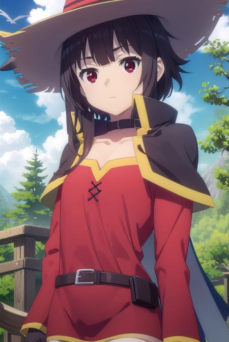 konosubamegumin, <lora:konosuba megumin movie-lora-nochekaiser:1>, 
megumin, short hair, black hair, (red eyes:1.3), short hair with long locks,
BREAK thighhighs, gloves, hat, dress, black gloves, belt, black thighhighs, fingerless gloves, cape, collar, witch hat, bandages, red dress, single thighhigh, asymmetrical legwear, bandaged leg,
BREAK outdoor, forest, nature, trees, village, sky, sun, clouds,
BREAK looking at viewer, (cowboy shot:1.5),
BREAK <lyco:GoodHands-beta2:1>, (masterpiece:1.2), best quality, high resolution, unity 8k wallpaper, (illustration:0.8), (beautiful detailed eyes:1.6), extremely detailed face, perfect lighting, extremely detailed CG, (perfect hands, perfect anatomy),