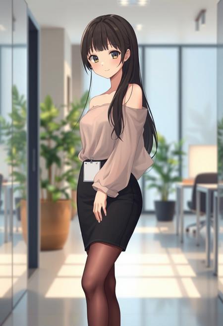 Anime-style shy and beautiful young female secretary standing in a modern office during the day. She has long, smooth black hair and gentle eyes, looking slightly down with a shy smile. She wears an elegant off-shoulder summer transparent thin blouse without straps, with long flowing sleeves, slightly sheer and soft, tucked into a  black pencil transparent very mini think skirt that ends just above the knees. She also wears thin, transparent black stockings and modest black heels. A small ID badge hangs subtly at her waist, adding to her reserved posture. Her cheeks are slightly flushed, giving a blushing expression as she stands near the office entrance, uncertain where to go. Background includes bright natural lighting, indoor plants, office desks, and soft shadows. The overall tone is warm and welcoming, with a soft-focus anime style and subtle bokeh effect in the background. Full-body composition, delicate lighting, cinematic mood.