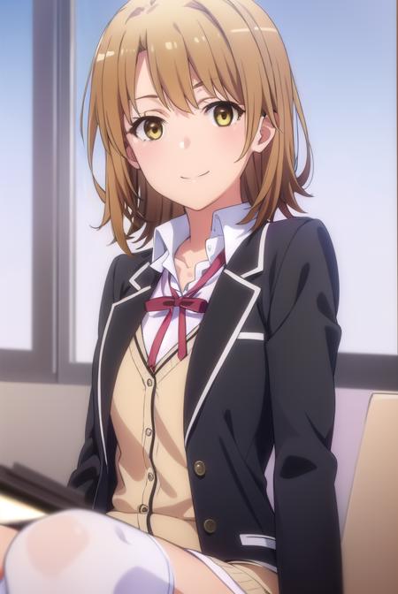 irohaisshiki, <lora:iroha isshiki s2s3-lora-nochekaiser:1>, 
iroha isshiki, short hair, brown hair, (brown eyes:1.5), smile,
BREAK skirt, shirt, ribbon, school uniform, jacket, white shirt, open clothes, socks, open jacket, black jacket, plaid, kneehighs, plaid skirt, blazer, cardigan, black socks, pink cardigan, sobu high school uniform,
BREAK indoors, classroom,
BREAK looking at viewer,
BREAK <lyco:GoodHands-beta2:1>, (masterpiece:1.2), best quality, high resolution, unity 8k wallpaper, (illustration:0.8), (beautiful detailed eyes:1.6), extremely detailed face, perfect lighting, extremely detailed CG, (perfect hands, perfect anatomy),