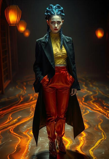 A hyper-realistic, cinematic fashion editorial featuring a woman with alabaster skin and cobalt blue hair styled into intricate braids that form a crown-like design around her head. She wears a long, avant-garde matte black coat with exaggerated, flowing tails and a high Mandarin collar, creating a dramatic silhouette. Beneath the coat, a chartreuse top with a ruched high neck contrasts with high-waist burnt orange trousers that flare dramatically at the hips. Her glossy red high-heeled boots click against a surreal floor resembling molten glass, with glowing orange and yellow streaks frozen mid-flow. The lighting is intense, with sharp shadows falling on the left half of her face, highlighting her green-blue eyes, which are illuminated by lanterns. The shadows create a dynamic pattern that accentuates her facial features, while the warm color grading and ambient occlusion enhance the depth and realism of the scene. The background is dark and out of focus, isolating the subject and amplifying the mysterious, powerful mood. The textures of her skin, hair, and clothing are rendered with ultra-sharp focus, emphasizing the photorealistic quality of the image. This portrait captures a blend of elegance, surrealism, and raw intensity, with every detail meticulously crafted to evoke a sense of intrigue and allure.