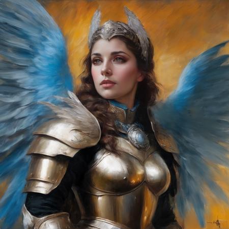 ((Masterpiece, best quality)),beautiful colors, sharp contrast,oil painting, vintage,crackled paint,
walkure, portrait of a  woman ,wearing walkure,wings,armor,helmet,painted in walkure style
 <lora:edgWalkureXL:0.7>