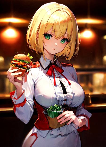 (best quality), (masterpiece), 1girl, anisphia_wynn_palettia, green eyes, medium breasts, blonde short hair, night shift at the burger bar. candid hdr smartphone photograph.
 <lora:anisphia_wynn_palettia_v25:1.0>