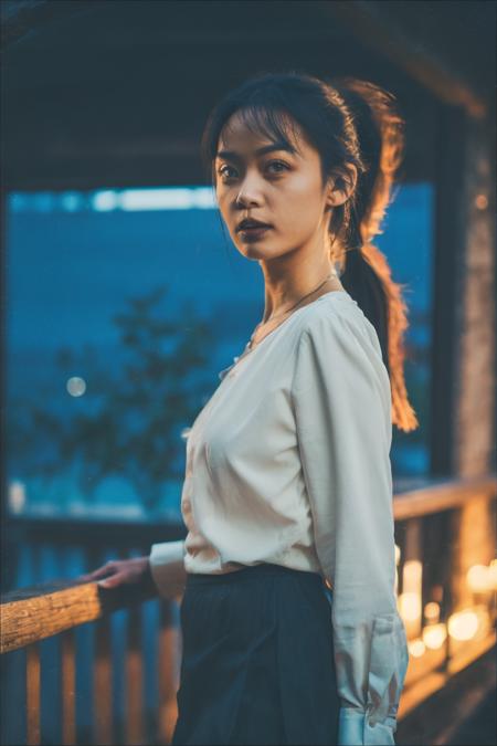 a girl standing alone in front of an old,shabby,film grain,depth of field,analog film style,vivid color,1girl,slender body,full body,beautiful eyes,beautiful symmetrical face,ponytail,bangs,blouse,skirt,fog,(night, dark, dark photo, grainy, dimly lit:1.3),(masterpiece:1.2),best quality,high quality,(realistic),(absurdres:1.2),UHD,ultrarealistic,noise,<lora:JPfilmColor_Heavy_grain:0.5>,<lora:chinese-girl:0.8>,upper_body,in summer,city,dusk,sunset,cirrostratus_fibratus,bokeh,