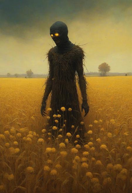 digital artwork by Beksinski, wheat field, flowers, vibrant colors, black theme, yellow theme, scarecrow