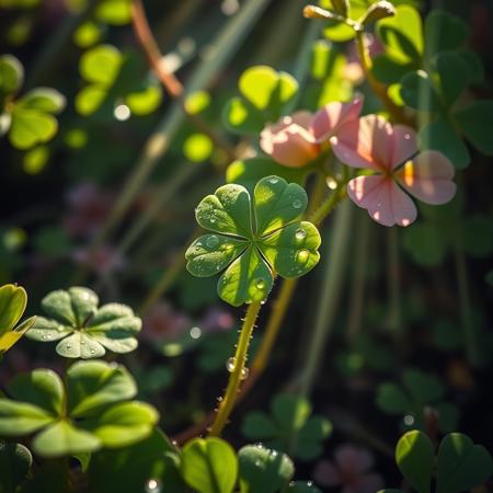 Clover plant, colorful, rain drops,flowers,dreamy, morning dew, sunlight filtering through the leaves, creating a magical atmosphere, illuminating the delicate petals, glistening with a soft glow, casting enchanting shadows on the ground, evoking a sense of tranquility and serenity. Capturing the essence of nature's beauty.