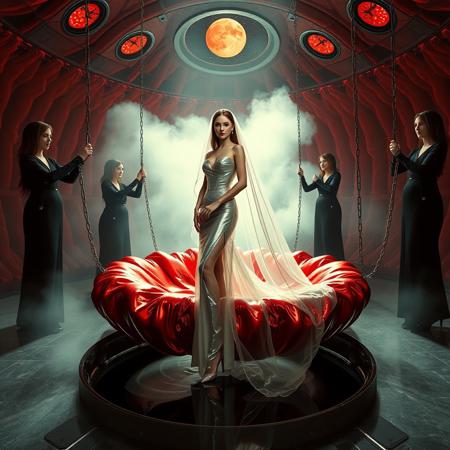 high-society elegant slender norvegian  rich   innocent young bride wearing   glossy silver high heels and glossy transparent slime  high slit wedding gown with matching long veil. She posing  in center of the floor hole,  filled with glossy black slime, surrounded by arrogant ladies wearing elegant black gowns and high heels, pulling her inside  giant slime covered glossy red foil breeding  round bed by long silver chains, eerie fog that wafts up from the fleshy jelly floor, encased in light beam from the chamber celling, strugging to break free and escape, glossy live wet-look jelly walls, whorish breeding chamber, colossus observation portholes to outer space full of stars, bright red moon, vintage-inspired makeup, long hairs, ultra thin waist, evil grin, porcelain skin, lipstick, red nails, in the style of a haunting, retro-futuristic 1950s sci-fi nightmare, horror, alien space base,