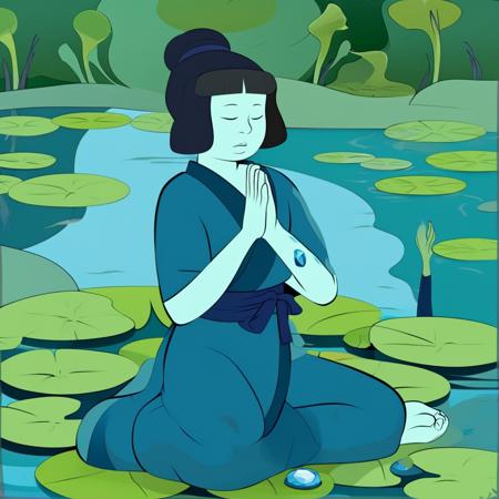 cartoon, veins, complex palette, tranquility in meditation character design, blue pectolite, a very peaceful single gem wearing a blue robe, 6'2, cartoon sumo woman, arm gem, at a park pond, photograph, colorful variations of color shown in veins, single, lily pads art nouveau
 <lora:gem2asd:1>