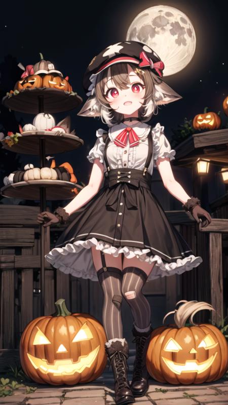 masterpiece, best quality, 1girl, 
(halloween background:1.2)
<lora:OkuriSae-v1:0.8>
cabbie_hat, striped, red_ascot, red_bowtie,
two-tone_hair, brown_hair, animal_ears, ears_down,