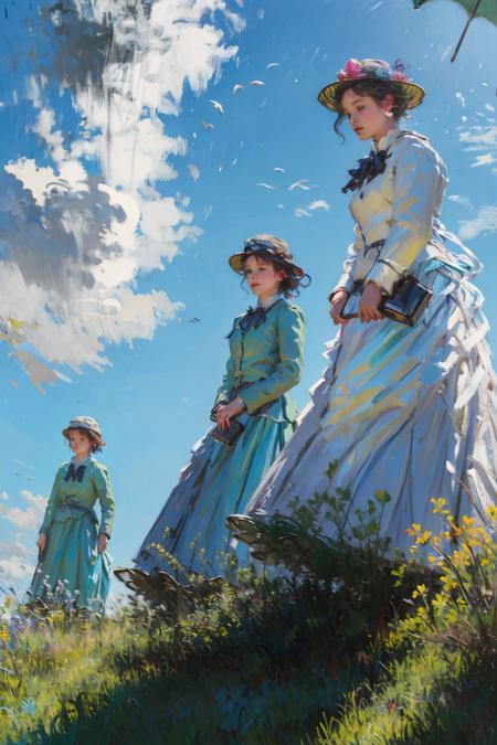 1girl, blonde_hair, blue_eyes, field, flower, grass, hat, mountain, outdoors, plant, scenery, short_hair, multiple_girls, long_sleeves, dress, holding, 2girls, sky, day, cloud, white_dress, blue_sky, umbrella, holding_umbrella, impressionist <lora:impress:1>