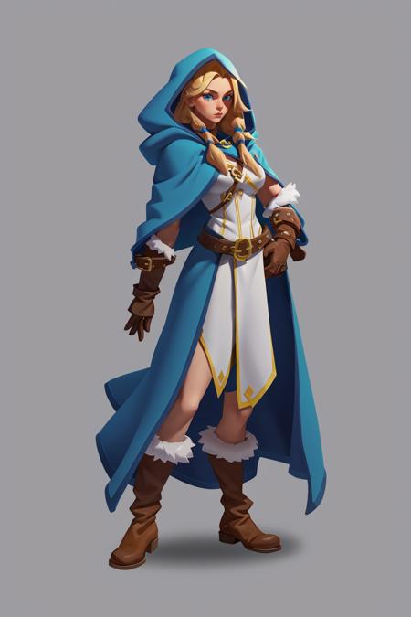 Concept Art,Euro American Cartoon,Game Character Design,1 Girl,Solo,Hood,Boots,Blonde,Blue Eyes,Magician,Full Body,Gray Background,Simple Background,Brown Footwear,Belt,Blue Cloak,Breasts,Brown Gloves,Fur Decoration,Medium Tits,<lora:oukaV5:0.8>,