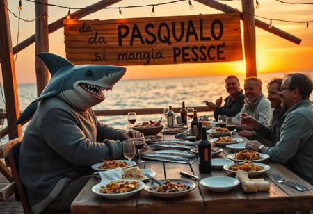 An Italianized humanoid shark named ‘Pasqualo,’ with a muscular body, gray shark-like skin, and sharp teeth, sits at a large wooden table on a seaside pier during sunset. He has black eyes, a prominent dorsal fin, and a friendly grin. Dressed in a rugged fisherman’s outfit, including a weathered wool sweater, rolled-up pants, and boots, Pasqualo blends seamlessly into the scene with his human fisherman friends. They laugh and chat around the table, their sun-baked skin and salt-worn clothes reflecting a life spent at sea.
The table is covered with rustic Italian seafood dishes: grilled fish, steaming bowls of pasta, crusty bread, and wine bottles. Half-filled glasses suggest recent toasts, and plates are scattered in a laid-back, festive atmosphere. Overhead, warm string lights cast a golden glow on the gathering.
In the background, a large wooden sign, slightly worn and hand-painted, reads ‘da PASQUALO si mangia PESCE.’ It’s mounted on a weathered post with a couple of seagulls perched on top. The sea behind them is calm, with fishing boats gently rocking in the harbor. The setting captures the authentic feel of an old Italian coastal town, with Pasqualo smiling and enjoying the meal with his closest friends, blending the fantastical with the familiar and realistic.