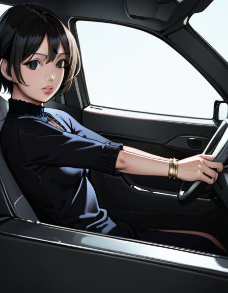 aoi tsukasa, 1girl, solo,  bracelet, jewelry, realistic, black short hair, black eyes, ultra pose
inside a car , (body shot)
(<lora:Aoi_Tsukasa:1> Aoi Tsukasa),
parted lips, (black room background:1),