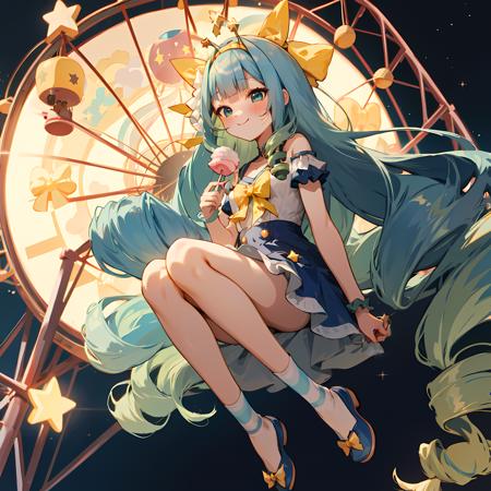 jelly hoshiumi, 1girl, solo, blush, smile, blue eyes, very long hair, blue hair, small breasts, (drill hair, blunt bangs, green hair), star (symbol), gradient hair, antennae, yellow bow, star hair ornament, yellow hairband, hair ornament BREAK
at a fair, eating cotton candy, Ferris wheel, fair tents, full body
 <lora:JellyHoshiumi_V2-03:0.7>