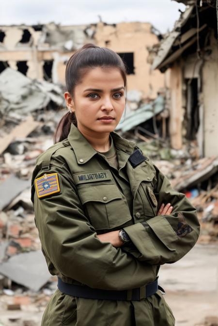 <lora:Aishwarya_Rai_V3:0.9> portrait of a woman wearing a military clothes, in battleground destroyed city,