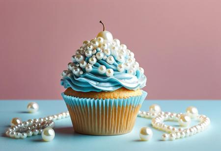 Pearlum, light blue cupcake with pearls, table and pink wall background, realistic, food photography, high quality
