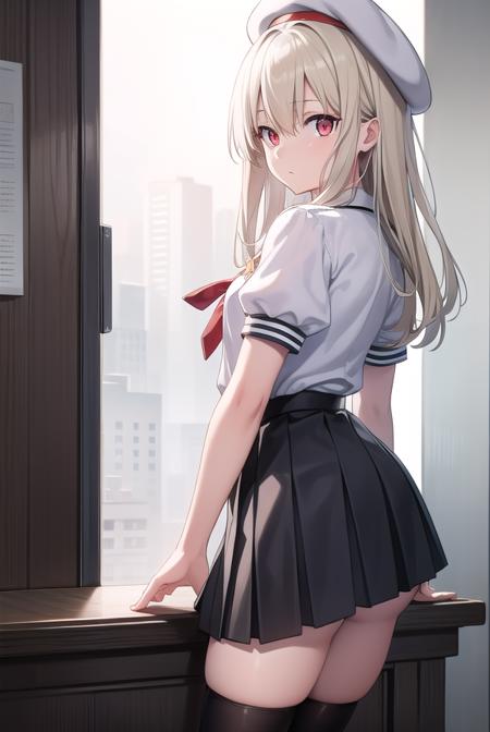 illyasvielvoneinzbern, <lora:illyasvielvoneinzbern-lora-nochekaiser:1>,
illyasviel von einzbern, blonde hair, hair between eyes, long hair, (red eyes:1.5),
BREAK beret, black skirt, brown footwear, collared shirt, hat, homurahara academy school uniform, kneehighs, loafers, pleated skirt, puffy short sleeves, puffy sleeves, red ribbon, ribbon, school uniform, shirt, shoes, short sleeves, skirt, socks, white headwear, white shirt, white socks,
BREAK indoors, classroom,
BREAK looking at viewer, (cowboy shot:1.5),
BREAK <lyco:GoodHands-beta2:1>, (masterpiece:1.2), best quality, high resolution, unity 8k wallpaper, (illustration:0.8), (beautiful detailed eyes:1.6), extremely detailed face, perfect lighting, extremely detailed CG, (perfect hands, perfect anatomy),