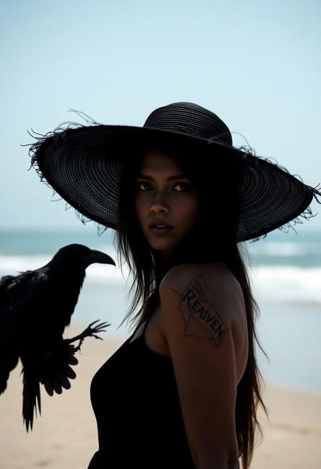 black silhouette  of an woman whose eyes are eerily glowing, a raven on her shoulder, black big hat, beach, day light, full body, long shot,