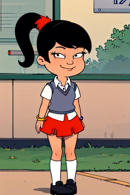 akiko, 1girl, black hair, solo, ponytail, sweater vest, school uniform, orange skirt, socks, shirt, short sleeves, shoes,bracelet