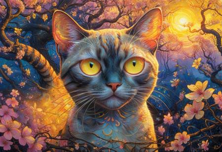 PsychadelicChaos, absurdres, high resolution, detailed, stylized by Alex Ross, Marc Silvestri, photograph, close up of a In a surreal landscape, the iconic Siamese Cat psychadeliced in a vibrant Enticing Yellow psychadelic is seen in front of a backdrop of cherry blossom flowers. at Sunset, Light, Gadgetpunk, Cold Lighting, Kodak portra 800, 80mm, One Color, <lora:Upgraders\Detail Tweaker XL:1.0>, <lora:Challenge\aidmaPsychadelicChaosWorldMorphXL-V0.1:1.0>