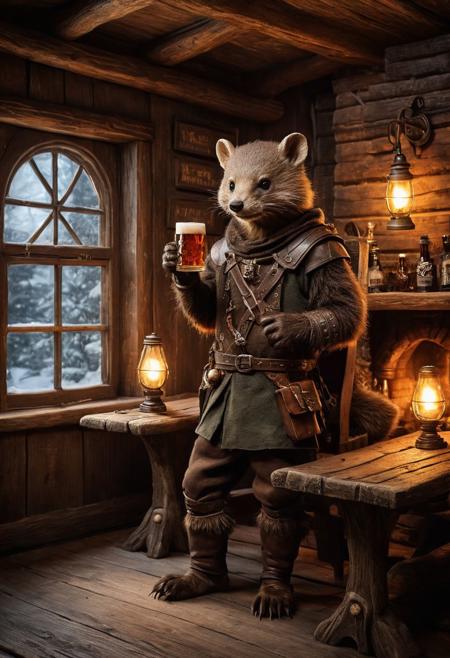 fantasy anthropomorphic a Pine-marten warrior in dark tavern holding a pint of ale in a cozy environment with gas lamps rustic wood warm brick fireplace and frosted glass windows