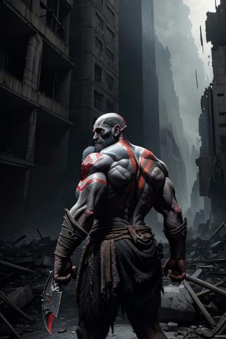 god of war,looking back at viewer,upper body,standing,bagging a black Evil Ghost Face teddy bear,against the backdrop of the (ruined city:1.1) unreal engine style of Artgerm finely detail,ultra-detailed,highres,