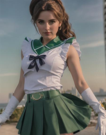 (Cinematic Photo:1.3) realistic, HD, Photo , eternal sailor jupiter , skirt green, belt, white gloves, background, HD. Photography (masterpiece:1.2, best quality), ultra detailed, Ultra-precise depiction, Ultra-detailed depiction,,Highly Detailed , outdoors, sunset, plants, japan building <lora:Jupiter10_16:1> <lora:4x_RealisticRescaler_100000_G:1> <lora:epiNoiseoffset_v2:1>