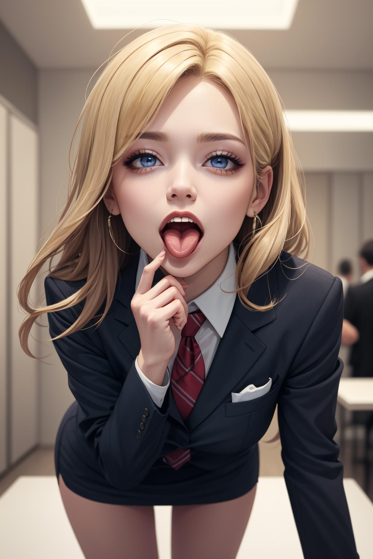 A computer-generated image of a woman wearing a business suit, tie, and blue eyes, biting her lip.